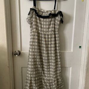 LOFT Off-Shoulder Plaid Dress in Black and Cream